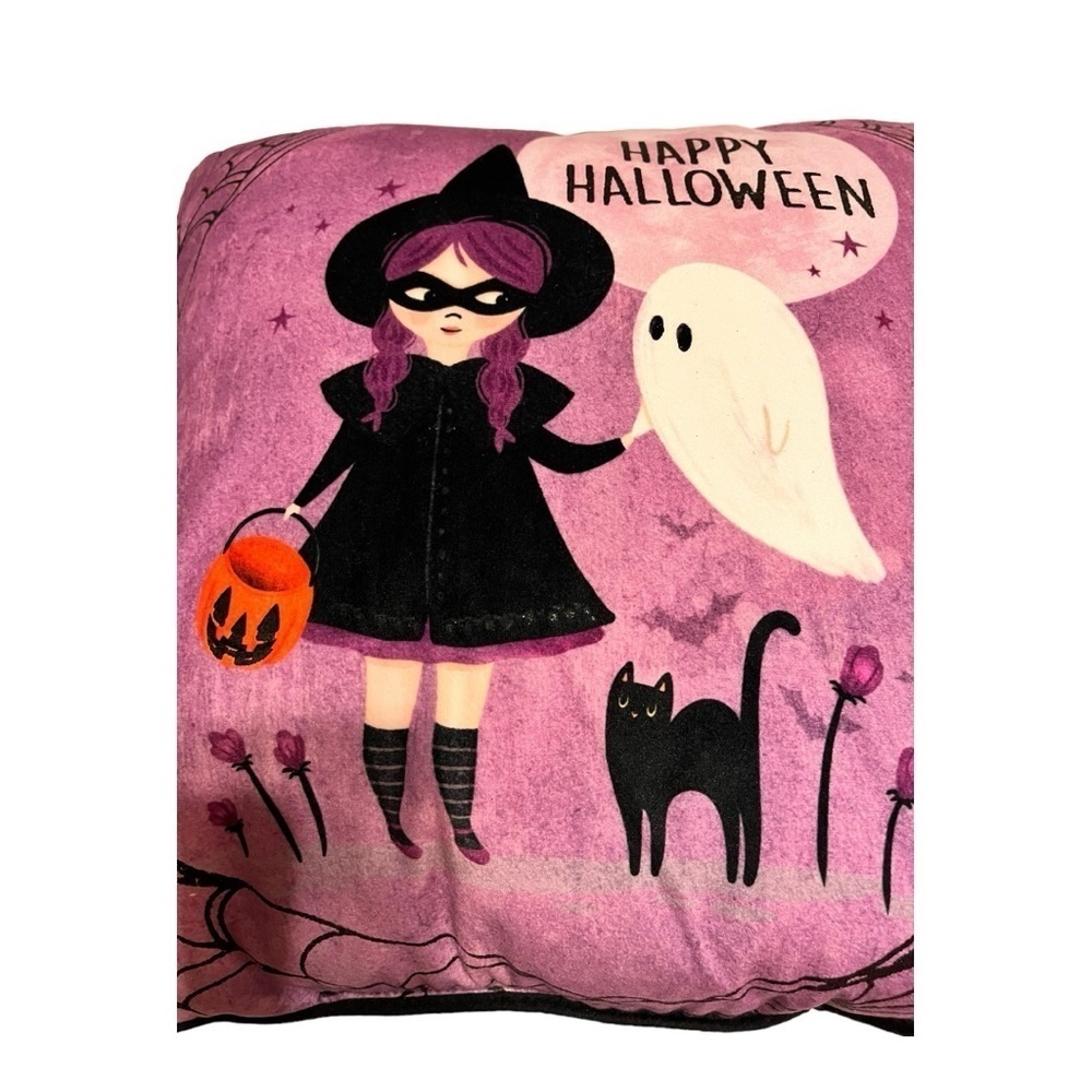 Happy Halloween pillow girl trick or treat ghost black cat spider web 12 x 12 - Picture 5 of 7